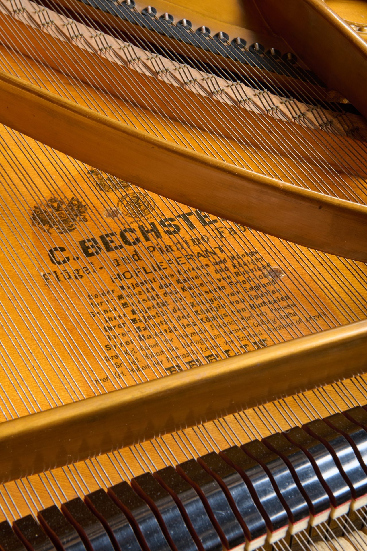 Detailaufnahme des Inneren eines Klaviers der Marke "C. Bechstein" mit Saiten und Resonanzboden im Blick.