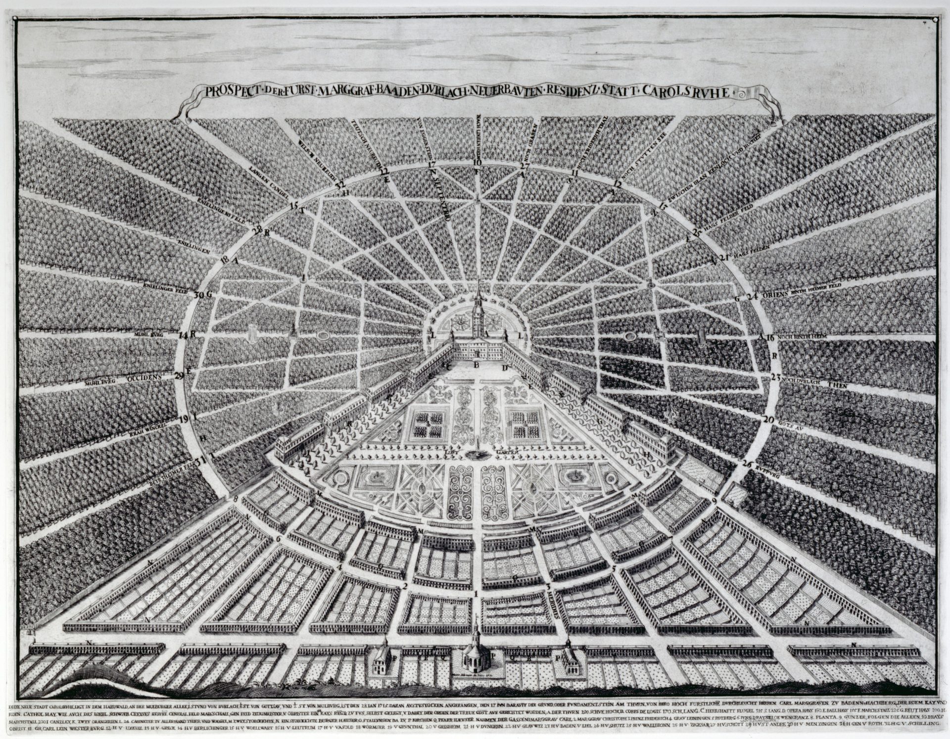 Historische Zeichnung eines barocken Gartens mit symmetrischen Anlagen und geometrischen Mustern.
