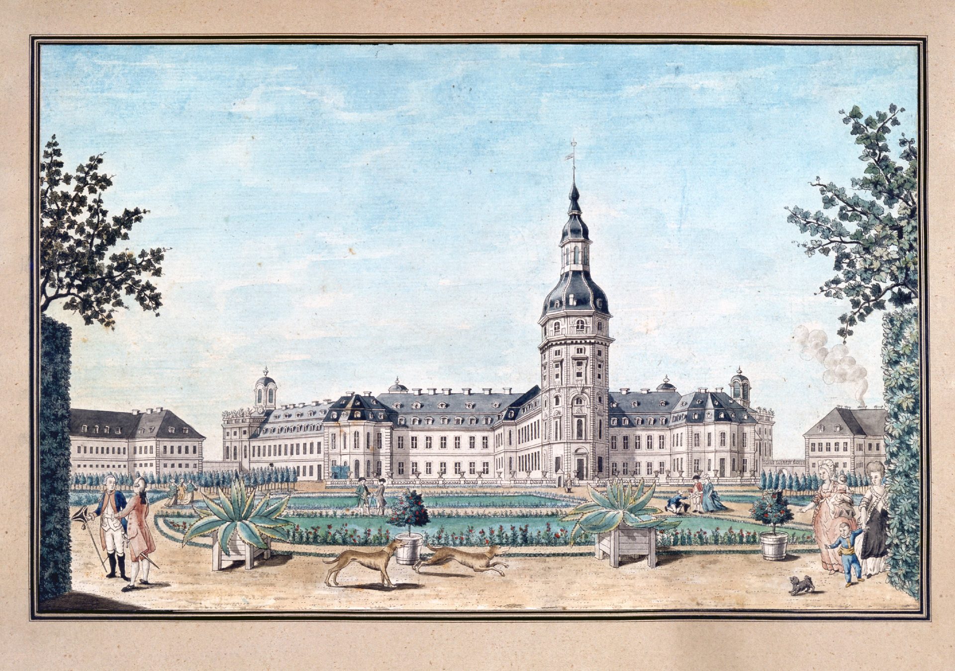 Historische Ansicht eines Schlosses mit Garten, Menschen und Tieren in malerischer Umgebung.