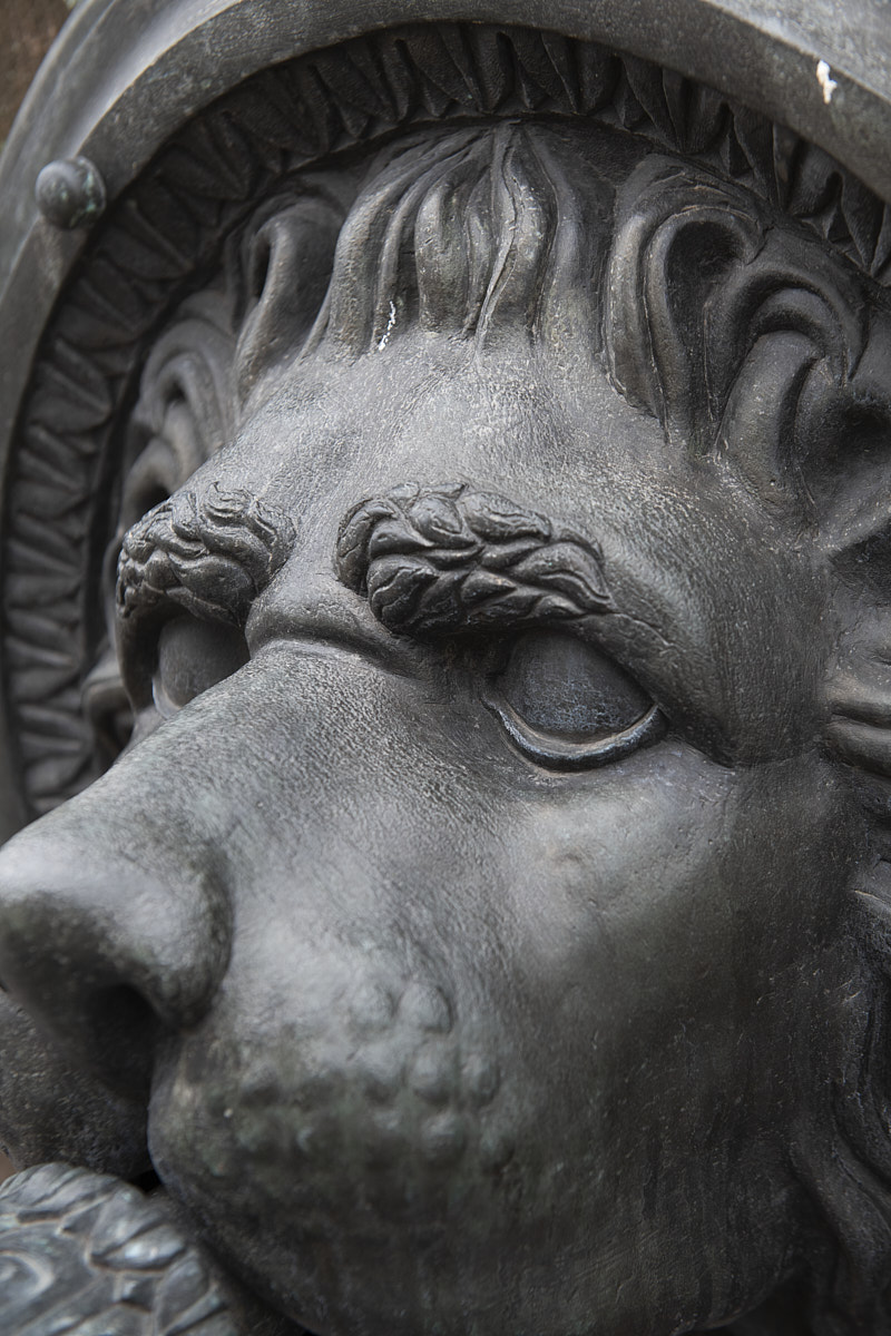 Bronzeskulptur eines Löwenkopfes mit filigraner Mähne und eindrucksvollem Blick.