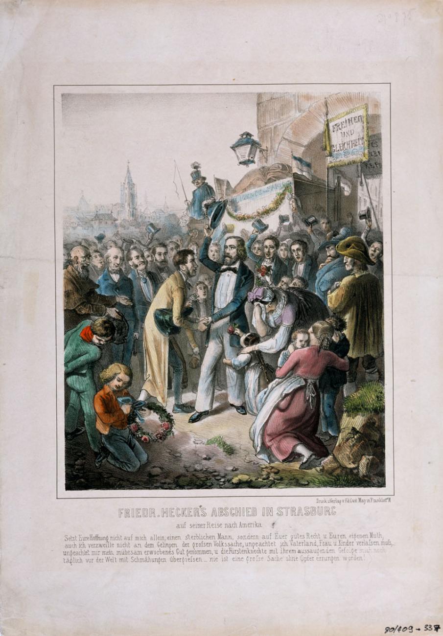 Abschied von Friedrich Hecker in Straßburg, umgeben von einer Menge und Symbolen für Freiheit und Gleichheit.