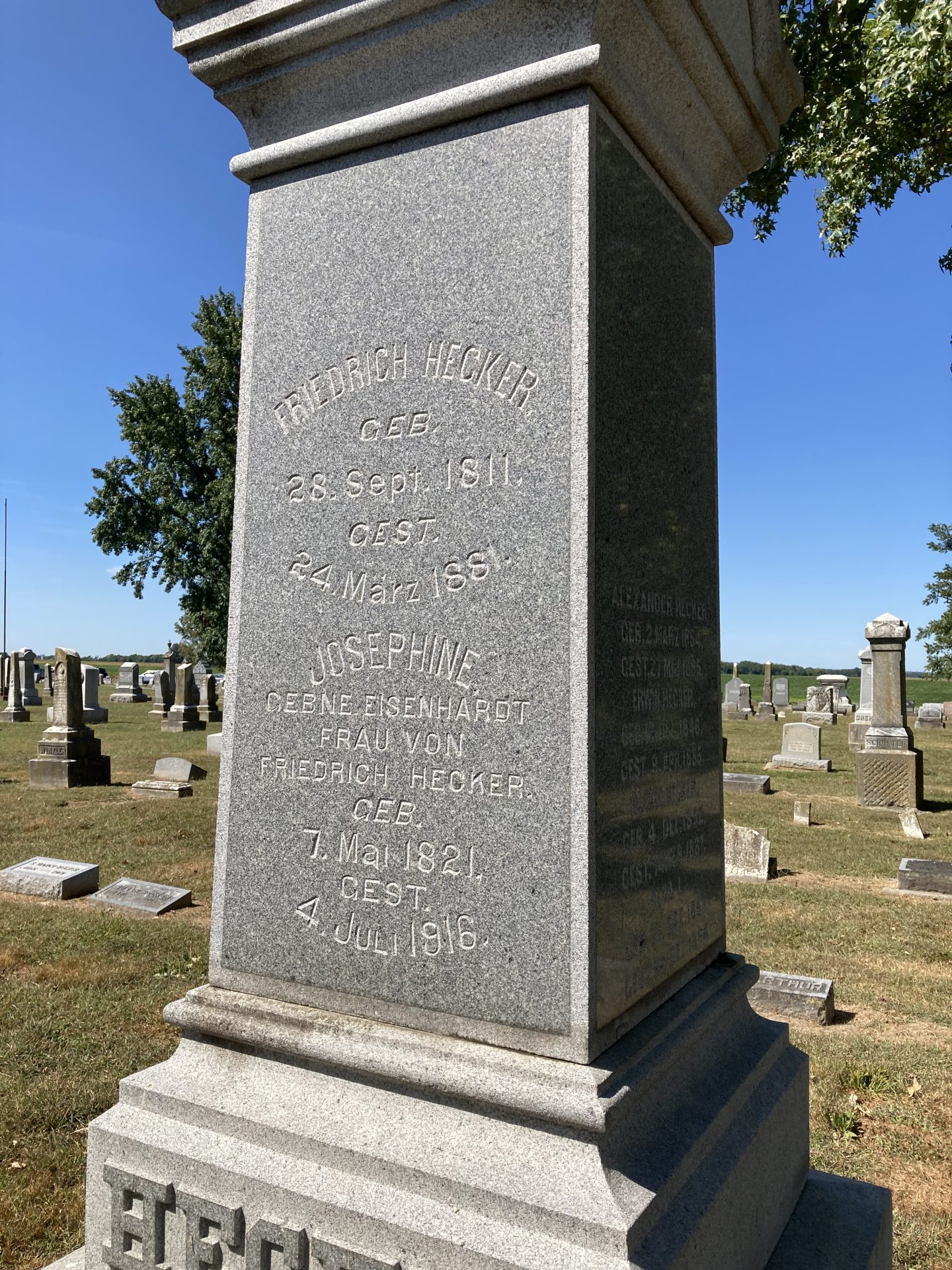 Granitgrabstein für Friedrich Hecker (1811-1881) und Josephine Hecker (1821-1916) auf einem Friedhof.