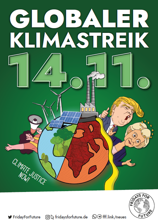 Plakat für den globalen Klimastreik am 14.11. mit der Botschaft "Klimagerechtigkeit jetzt!" und verschiedenen Symbolen.