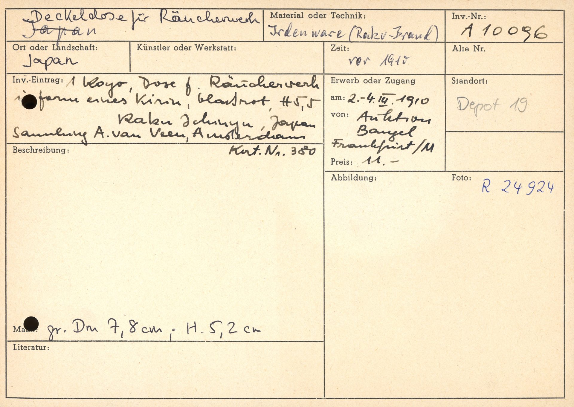 Kartenblatt zu einer japanischen Räucherdose vor 1915, mit Informationen zur Herkunft und Beschreibung.