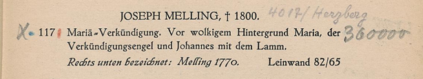 Text über ein Gemälde von Joseph Melling († 1800) mit Maria, dem Engel der Verkündigung und Johannes.
