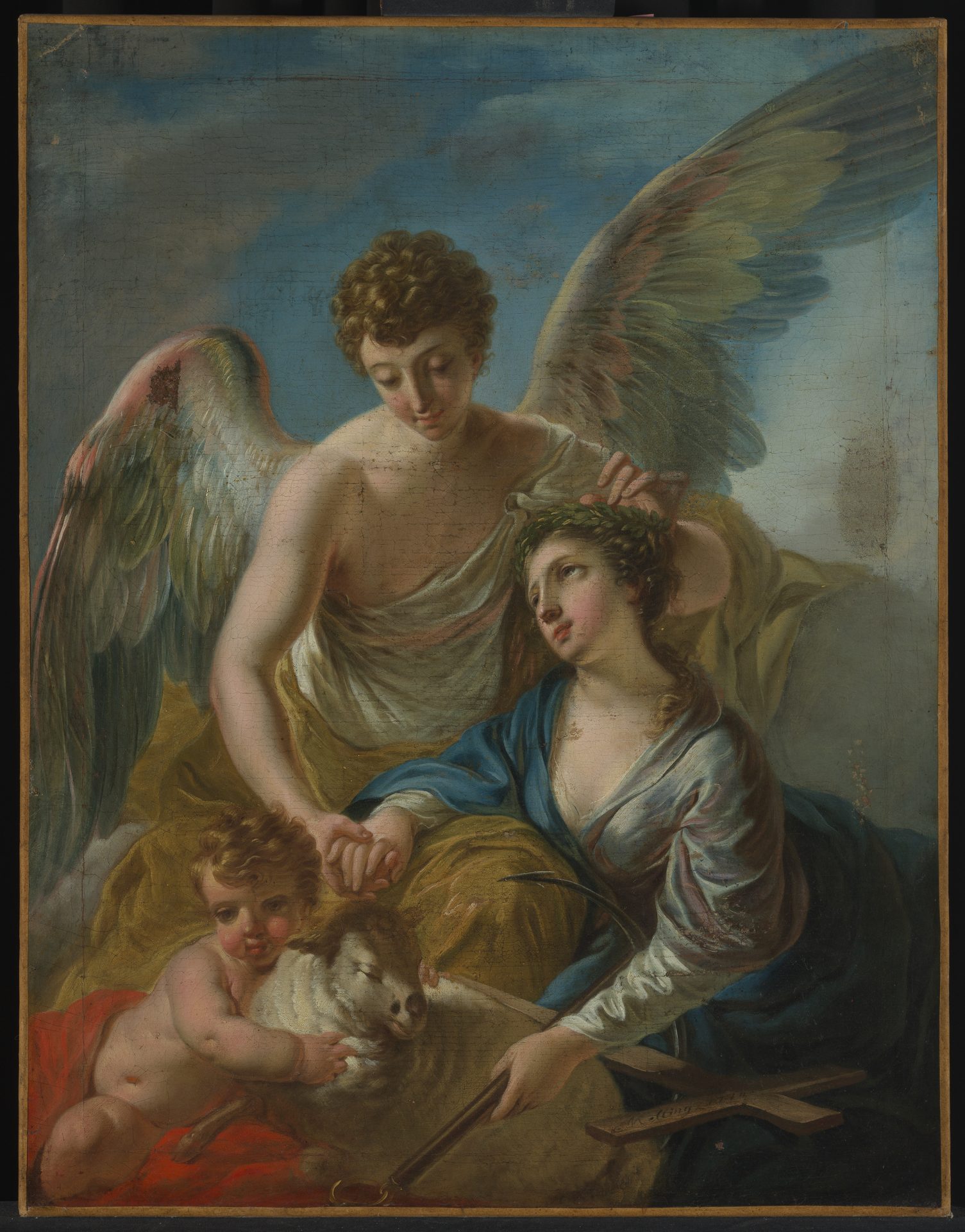 Engel und zwei Frauen mit einem Kind und einem Schaf, umgeben von sanften Farben und klarem Himmel.