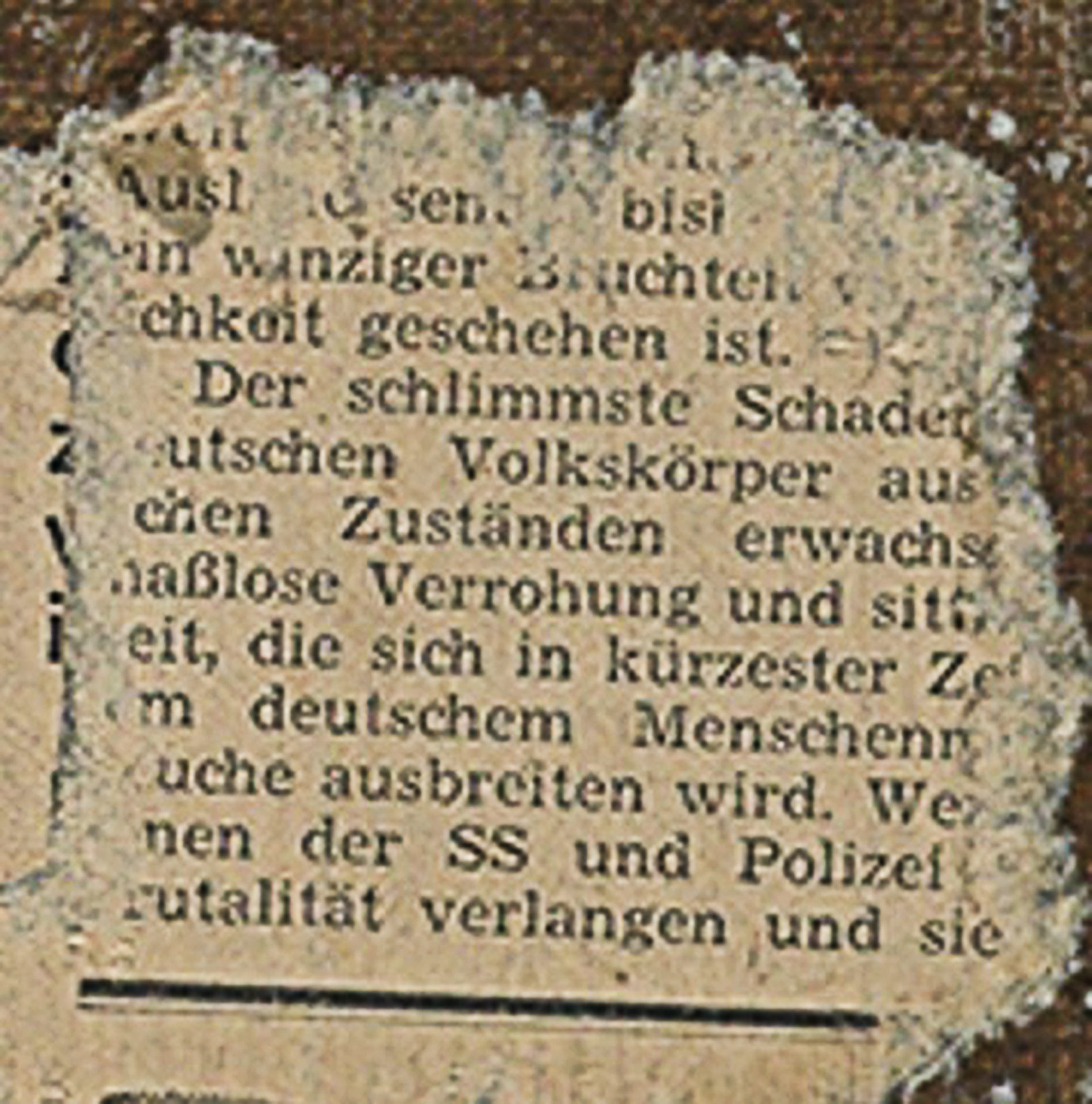 Ein ausgeschnittenes, vergilbtes Zeitungsartikel-Fragment mit beunruhigendem Inhalt über gesellschaftliche Veränderungen.