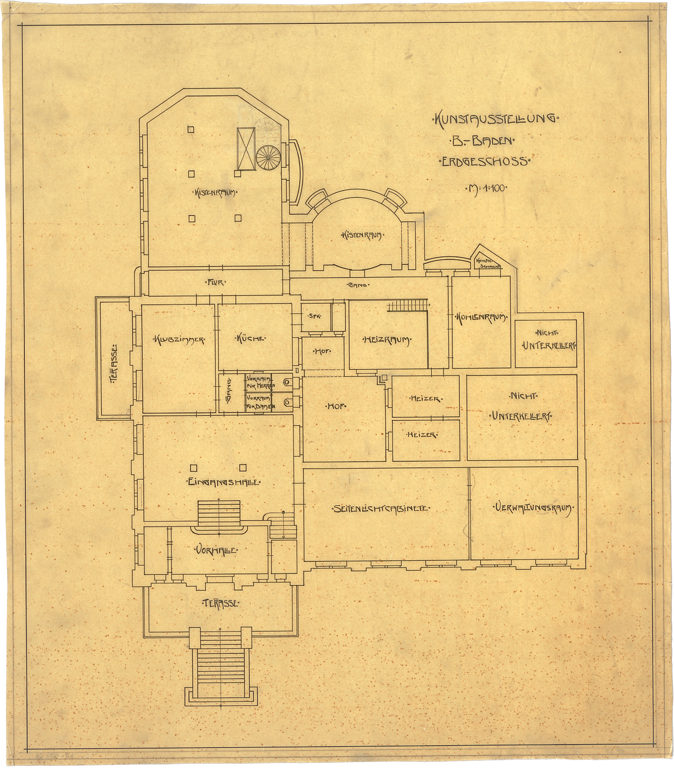 Grundriss eines historischen Gebäudes mit Beschriftungen der Räume und Funktionsbereiche.