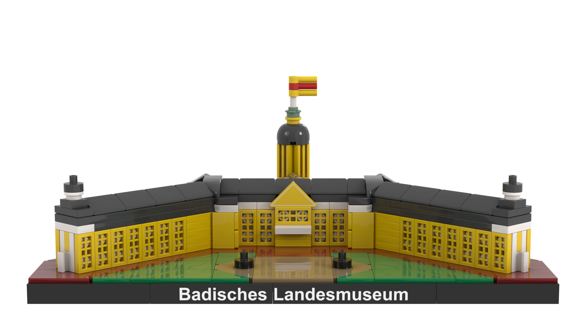 Modell des Badischen Landesmuseums aus LEGO, zeigt das markante Gebäude mit Flagge.